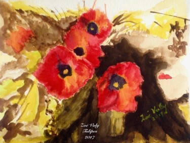 Painting titled "Tulipes de Sainte A…" by Zoé Valy, Original Artwork, Watercolor Mounted on Cardboard