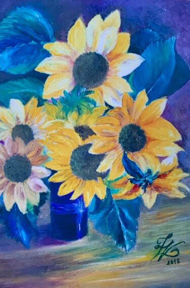 Painting titled "Les Tournesols" by Zoé Valy, Original Artwork, Oil Mounted on Wood Stretcher frame