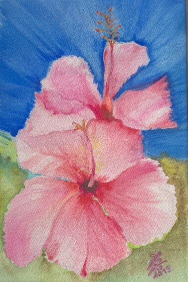 Painting titled "Fleurs d'Hibiscus" by Zoé Valy, Original Artwork, Watercolor Mounted on Cardboard