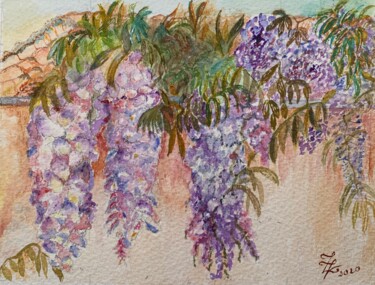 Painting titled "La Glycine du Bonhe…" by Zoé Valy, Original Artwork, Watercolor Mounted on Cardboard