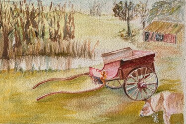 Painting titled "La Charrette à Chev…" by Zoé Valy, Original Artwork, Watercolor Mounted on Cardboard
