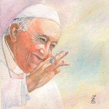 "Le Pape François" başlıklı Tablo Zoé Valy tarafından, Orijinal sanat, Suluboya Karton üzerine monte edilmiş