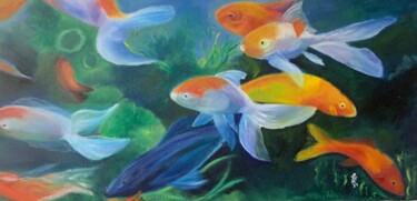 Painting titled "Aquarium I" by Zoé Valy, Original Artwork, Oil Mounted on Wood Stretcher frame