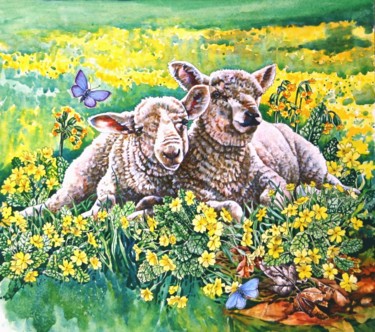 Painting titled "Spring Lambs" by Zoe Norman, Original Artwork, Watercolor