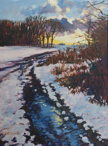 Painting titled "Winter Path" by Zoe Norman, Original Artwork, Oil Mounted on Wood Stretcher frame