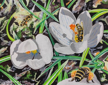 Peinture intitulée "Bees Harvest" par Zoia Vla, Œuvre d'art originale, Acrylique Monté sur Panneau de bois
