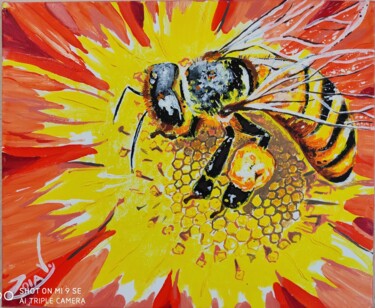 Malarstwo zatytułowany „Bee in flower” autorstwa Zoia Vla, Oryginalna praca, Akryl