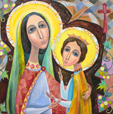 Painting titled "Mother of God and J…" by Zora, Original Artwork, Acrylic Mounted on Wood Stretcher frame