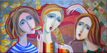 Painting titled "Girlfriends .conver…" by Zora, Original Artwork, Acrylic Mounted on Wood Stretcher frame