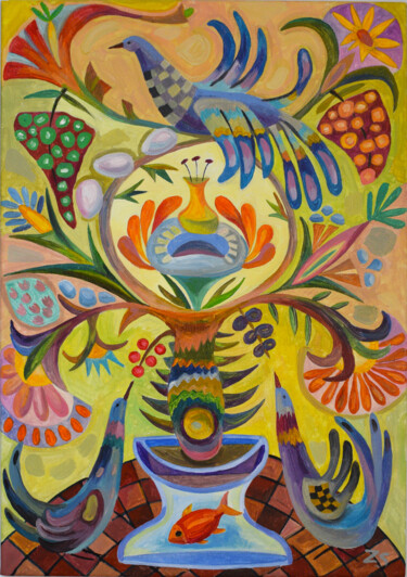 Картина под названием "Tree of life on yel…" - Zora, Подлинное произведение искусства, Масло Установлен на Деревянная рама д…