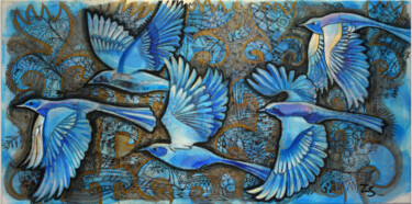 Peinture intitulée "Night. Blue birds" par Zora, Œuvre d'art originale, Acrylique Monté sur Châssis en bois
