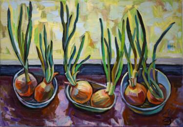 Painting titled "green onion," by Zora, Original Artwork, Oil Mounted on Wood Stretcher frame