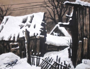 Рисунок под названием "Winter in village" - Aleksey Zuev, Подлинное произведение искусства