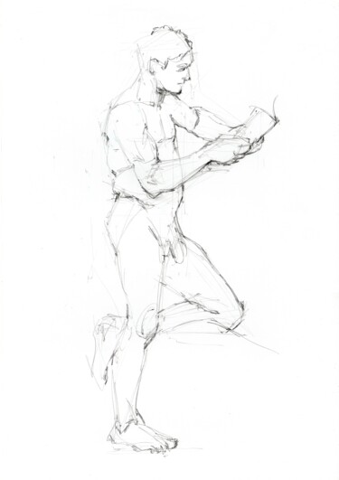 Dessin intitulée "Homme lisant un liv…" par Zueyen, Œuvre d'art originale, Graphite