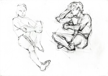 Drawing titled "Men thinking" by Zueyen, Original Artwork, Graphite