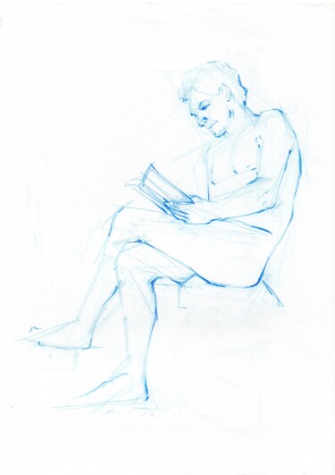 Drawing titled "Homme lisant" by Zueyen, Original Artwork, Pencil