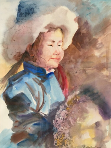 Peinture intitulée "Mongolian Girl" par Zulaa, Œuvre d'art originale, Aquarelle