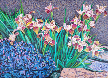 Pittura intitolato "Copper Irises" da Zulfiya Mukhamadeyeva, Opera d'arte originale, Olio Montato su Telaio per barella in l…