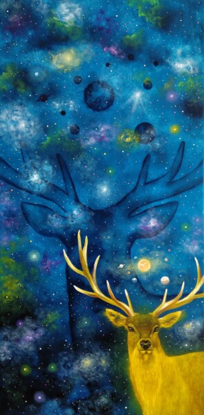 Schilderij getiteld "Golden deer" door Zuzana Šmehylová, Origineel Kunstwerk, Olie