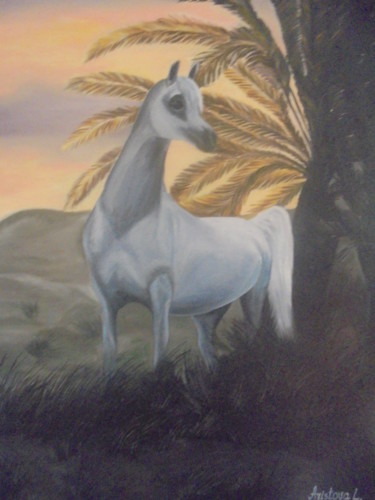 Pittura intitolato "White Arabian horse…" da Liubov Aristova, Opera d'arte originale, Olio