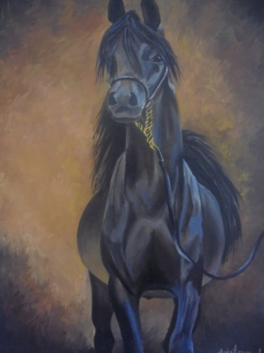 Painting titled "Black Arabian horse" by Liubov Aristova, Original Artwork, Oil
