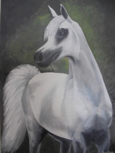 Pittura intitolato "White Arabian horse" da Liubov Aristova, Opera d'arte originale, Olio