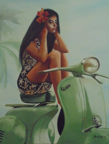 Schilderij getiteld "ALONE ON MY VESPA" door Liubov Aristova, Origineel Kunstwerk, Olie