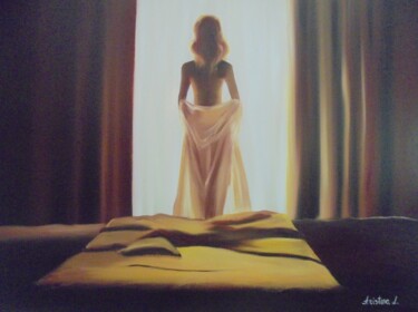 Картина под названием "Naked woman look ou…" - Liubov Aristova, Подлинное произведение искусства, Масло