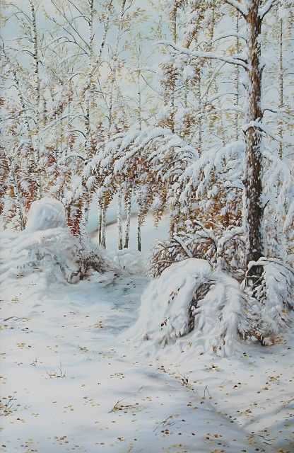 Painting titled "первый снег" by Sergei Krasiakov, Original Artwork, Oil