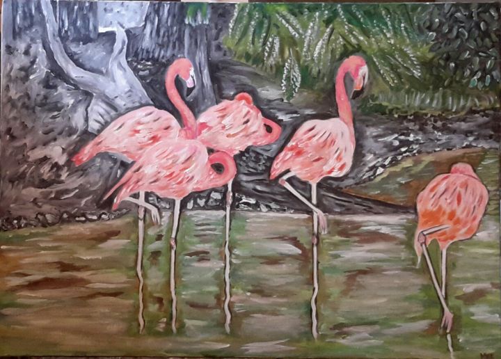 Painting titled "Flamingolar" by Mustafa Kemal Karakaç, Original Artwork, Acrylic