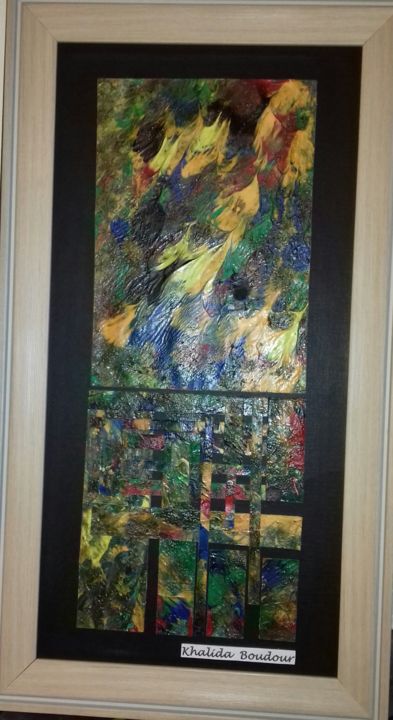 Painting titled "L'ASYMÉTRIE" by Khalida Boudour, Original Artwork, Collages Mounted on Wood Stretcher frame