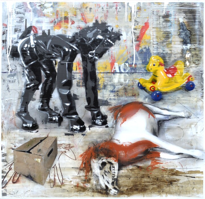 Pintura titulada "5 horses" por Ac1, Obra de arte original, Pintura al aerosol Montado en Bastidor de camilla de madera