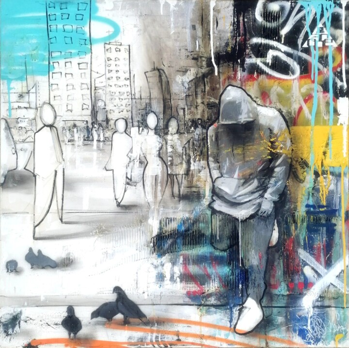Malarstwo zatytułowany „pigeons” autorstwa Ac1, Oryginalna praca, Farba w spray'u Zamontowany na Drewniana rama noszy