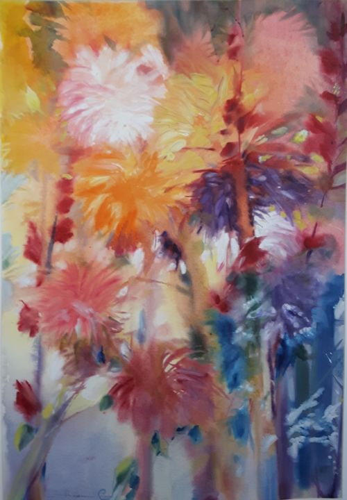 Schilderij getiteld "Fleurs exotiques" door Adam Lobazanov, Origineel Kunstwerk, Aquarel