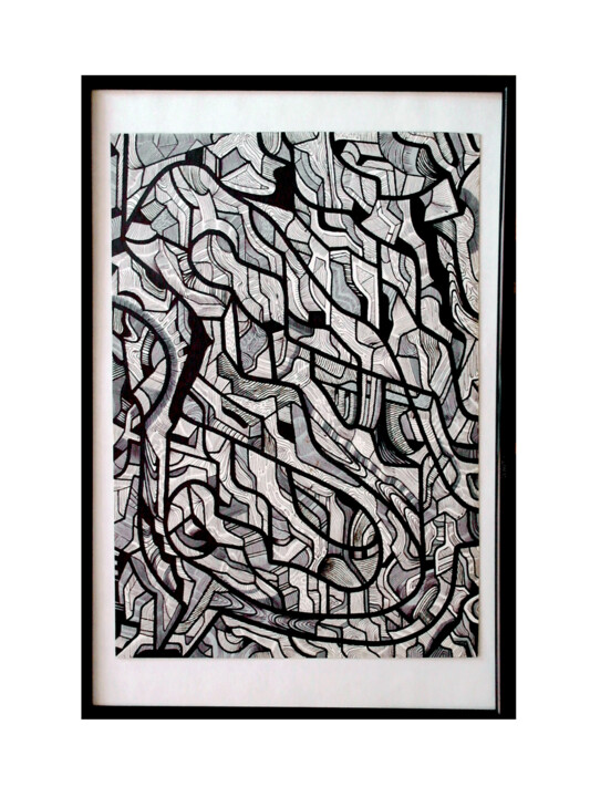 Dessin intitulée "Miasto abstrakcyjne" par Adam Mikołaj Iwan, Œuvre d'art originale, Marqueur Monté sur Panneau de bois