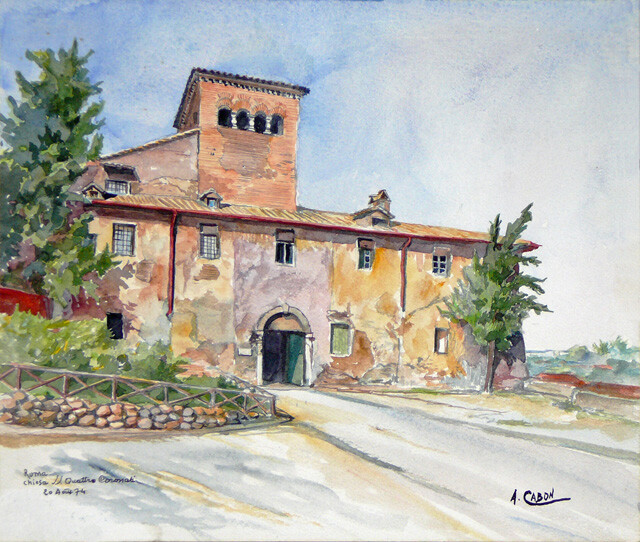 Schilderij getiteld "Chiesa S.S. Quatro…" door Adolphe Cabon, Origineel Kunstwerk