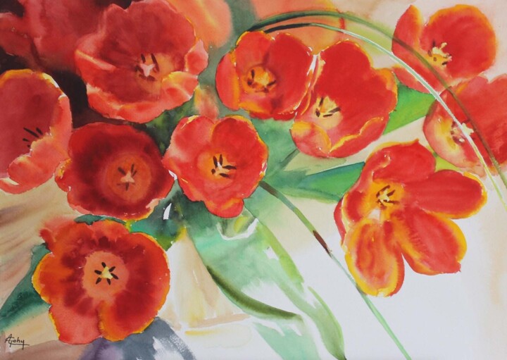 Painting titled "Un bouquet de tulip…" by Adyne Gohy, Original Artwork, Watercolor