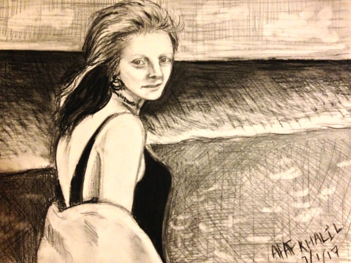 Drawing titled "Artist self portrait" by Afaf Khalil, Original Artwork, Charcoal