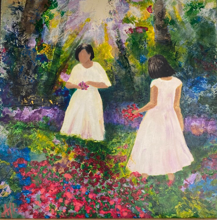 Painting titled "Sisters II" by Afke Van Mansum, Original Artwork, Acrylic Mounted on Wood Panel