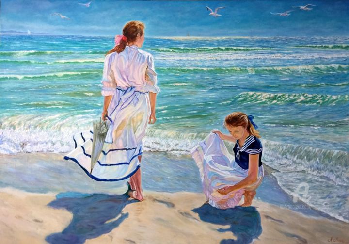 Pintura intitulada "Girls On The Beach…" por Alexandre George, Obras de arte originais, Óleo