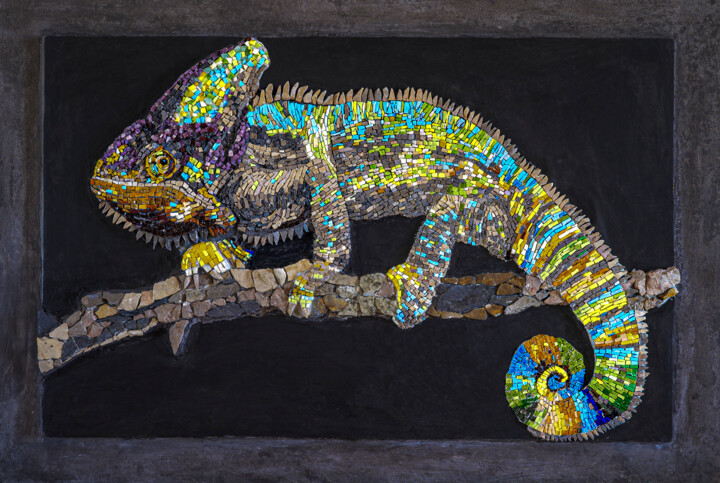 Escultura titulada "LEON" por Agnès Couret, Obra de arte original, Mosaico Montado en Panel de madera
