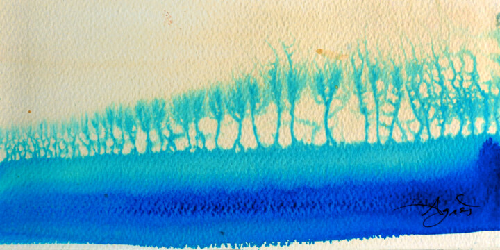 Peinture intitulée "Arbres bleus d'hiver" par Agnès Grégis (Au pinceau dansant), Œuvre d'art originale, Aquarelle
