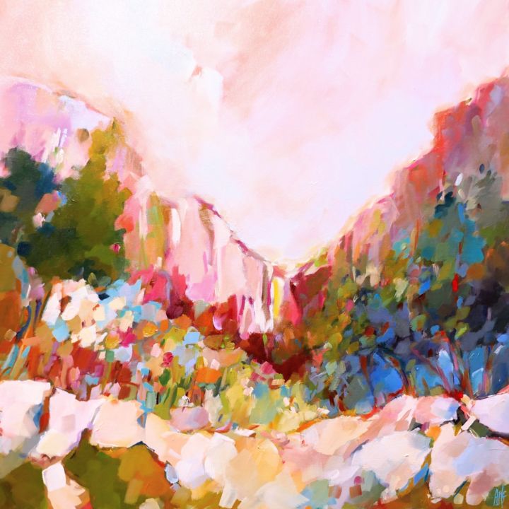 Peinture intitulée "La falaise rose" par Agnes Martin Genty, Œuvre d'art originale, Huile