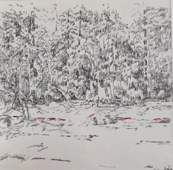 Drawing titled "Ligne rouge" by Agnès Lucie Martin, Original Artwork, Ink