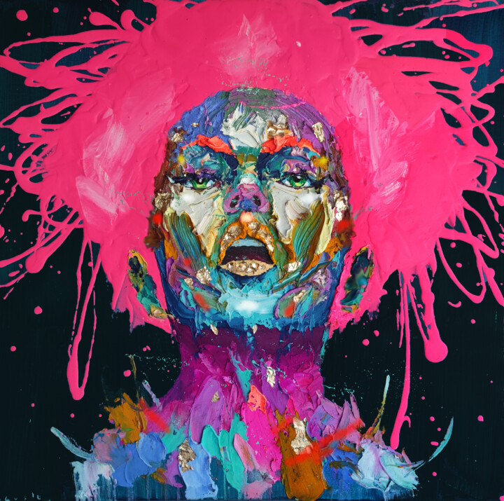 Malerei mit dem Titel "Simply pink hair" von Agusil, Original-Kunstwerk, Öl Auf Keilrahmen aus Holz montiert