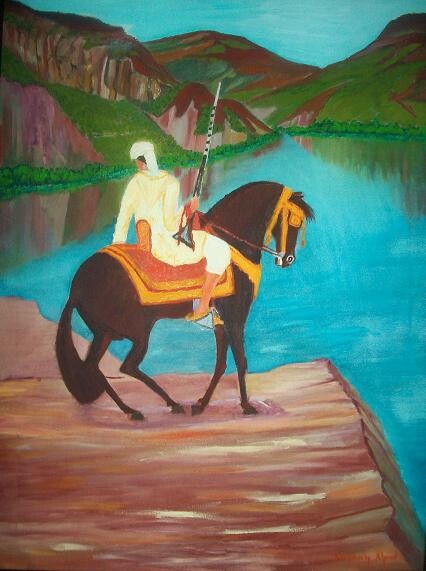 Painting titled "Cavalier au bord d'…" by Ahmed K, Original Artwork