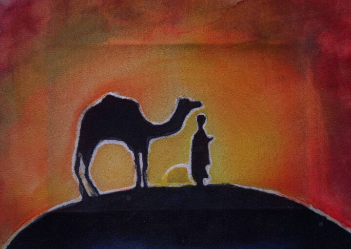 绘画 标题为“The desert man and…” 由Зиля Ахметова, 原创艺术品, 墨 安装在木质担架架上