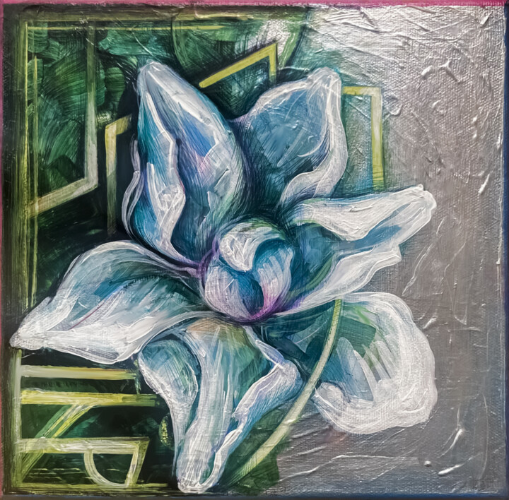 Schilderij getiteld "magnolia. adreatic…" door Aida Khubaeva, Origineel Kunstwerk, Acryl Gemonteerd op Frame voor houten bra…