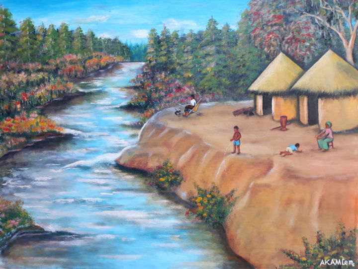 Painting titled "Au village" by Akida Amos (AKAM), Original Artwork, Oil