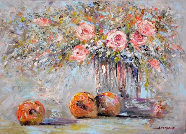 Painting titled "flowers" by Akis Topalis, Original Artwork, Oil